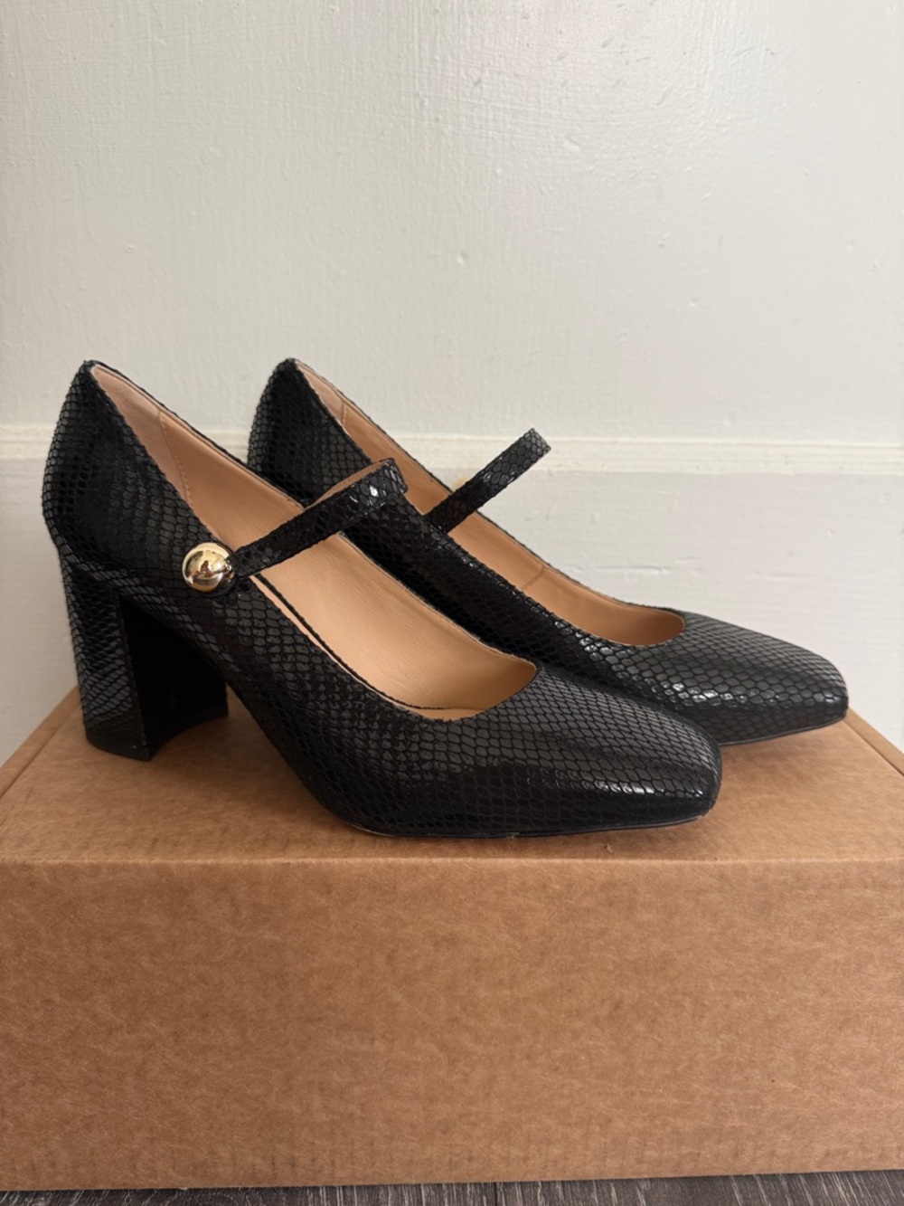 Maisie Mary Jane heels in snake-embossed Italian leather